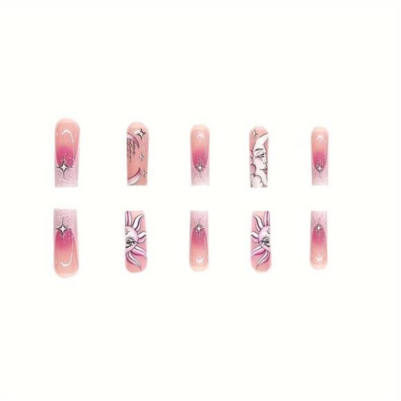 24-Piece Coffin Press On Nails Set Star Moon Sun Design - Picture 5 of 9